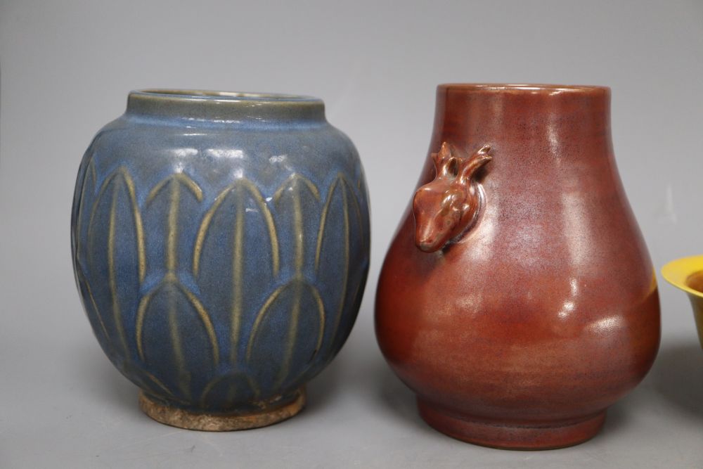 A Chinese Jun type jar, a similar censer, a hu vase and a yellow glazed bowl